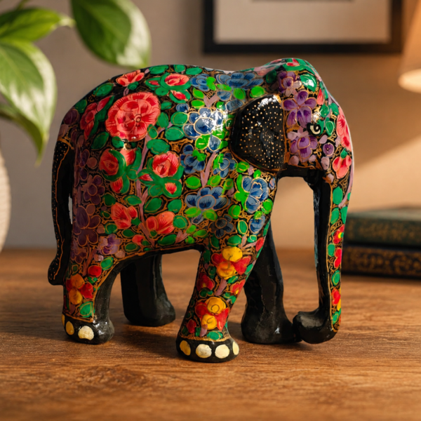 Handcrafted Floral Papier-Mâché Elephant Figurine – Kashmiri Decorative Collectible (5.5 x 5 x 2.5 Inches)
