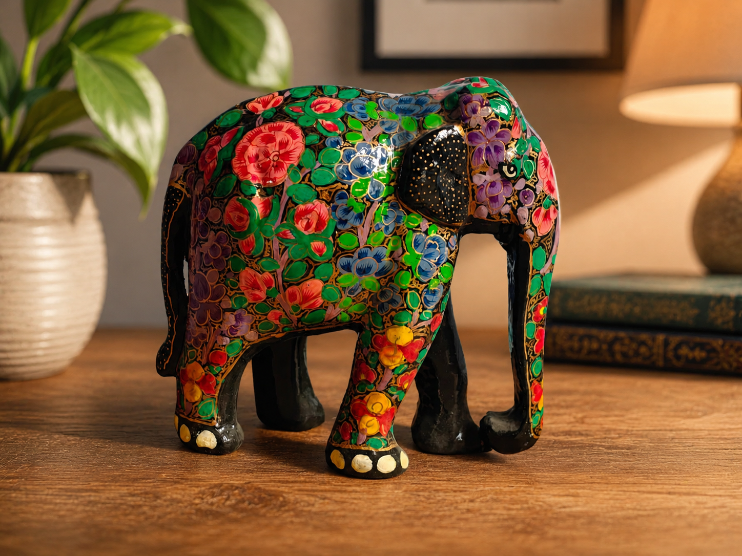 Handcrafted Floral Papier-Mâché Elephant Figurine – Kashmiri Decorative Collectible (5.5 x 5 x 2.5 Inches)