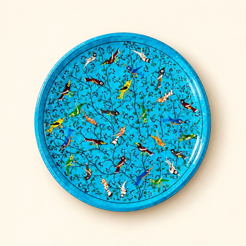 Turquoise Ornamental Bird Plate, Hand-Painted Kashmiri Paper Mache Wall Plate – 12 Inch Art