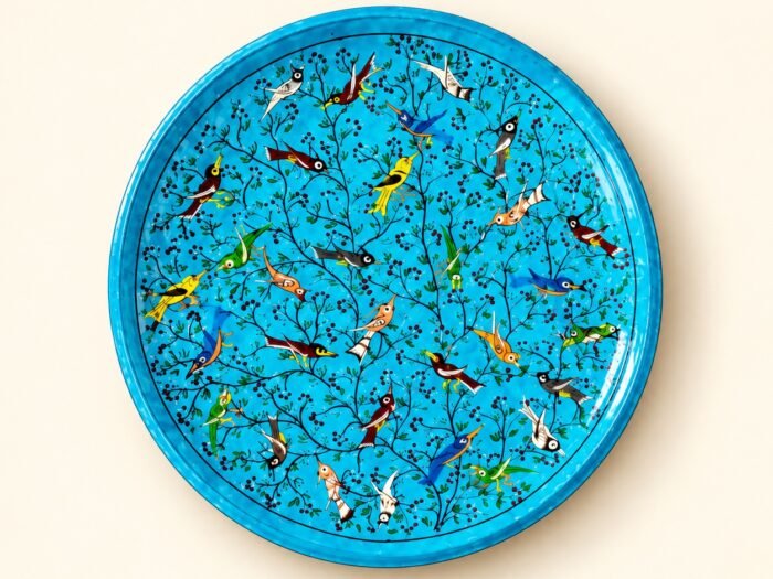 Turquoise Ornamental Bird Plate, Hand-Painted Kashmiri Paper Mache Wall Plate – 12 Inch Art