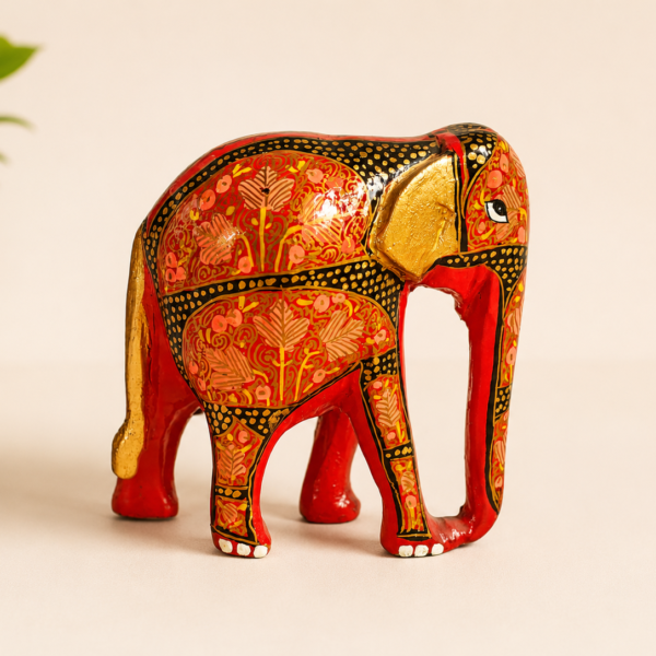 Decorative Elephant Figurine with Intricate Details – Handcrafted Lacquered Wooden Art Showpiece (5.5 x 5 x 2.5 Inches)