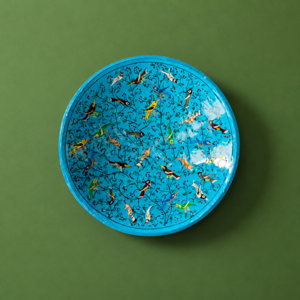 Vibrant turquoise plate with bird design 12 inch - Made to Order