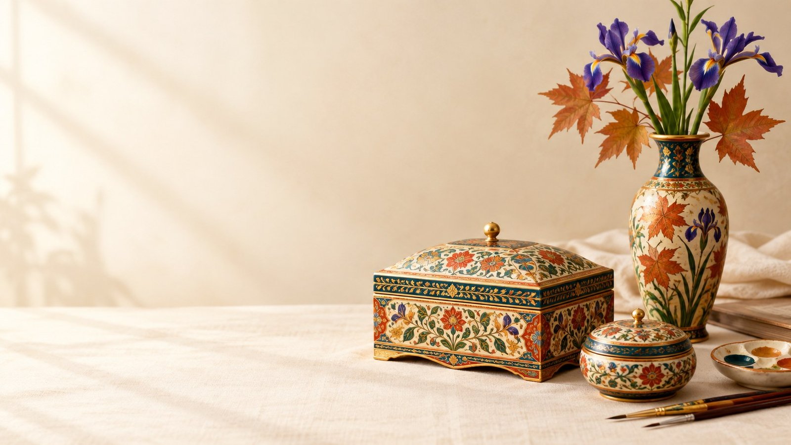 Hand-painted Kashmiri paper mache jewellery box and vase on a cream linen table