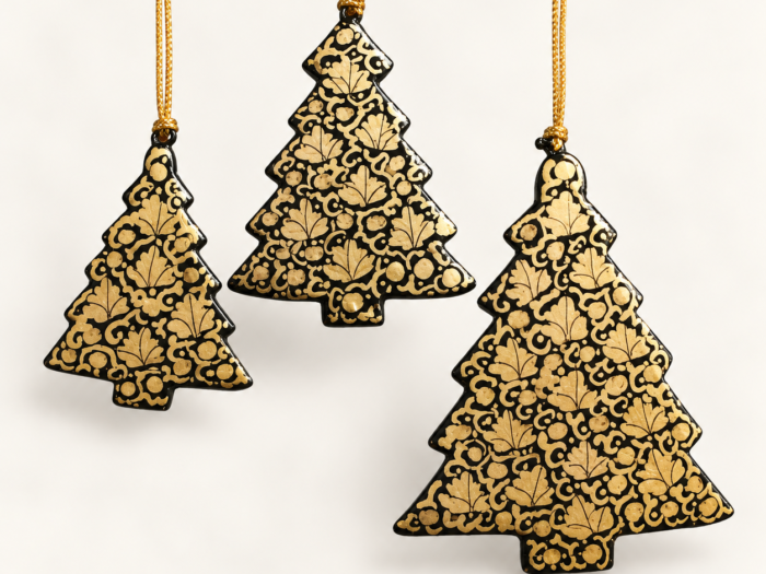 Hand-Painted Papier Mache Black & Gold Tree Set of 3 – Hanging Ornament