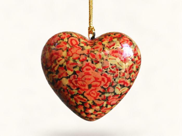 Hand-Painted Papier Mache Red Floral Heart – Hanging Ornament