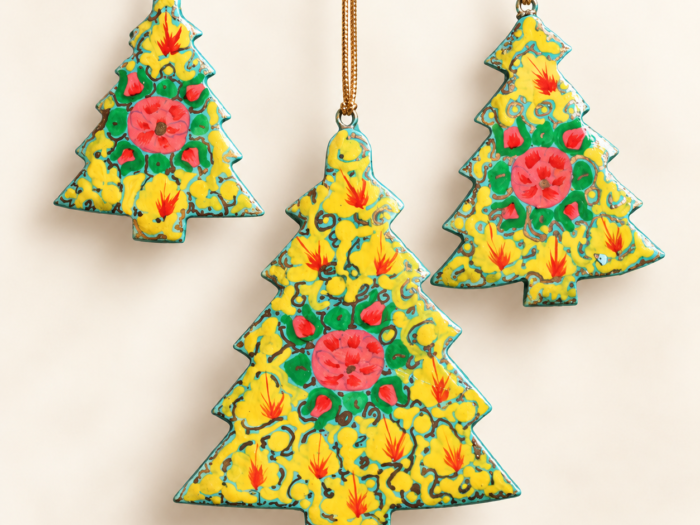 Hand-Painted Papier Mache Yellow & Teal Tree Set of 3 – Hanging Ornament