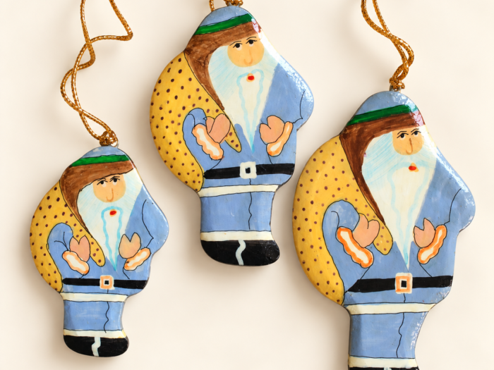 Hand-Painted Papier Mache Blue Santa Set of 3 – Hanging Ornament