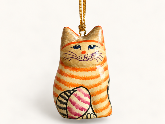 Hand-Painted Papier Mache Orange Tabby Cat – Hanging Ornament