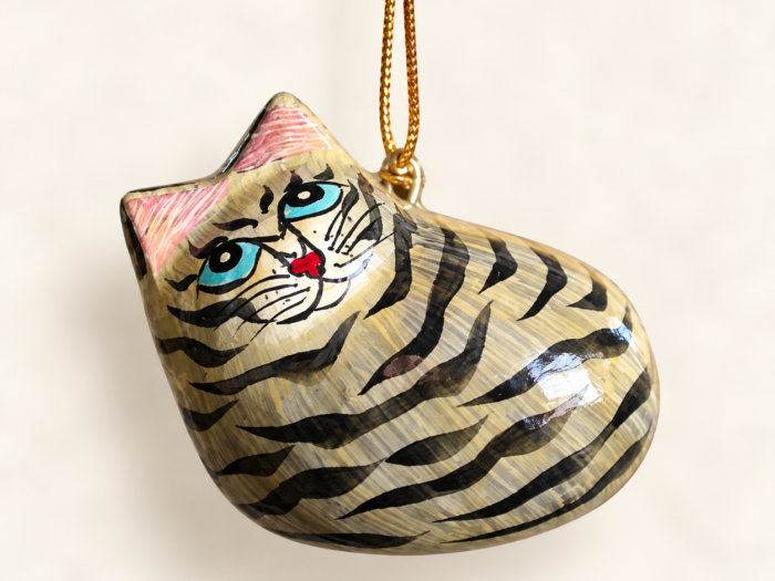 Hand-Painted Papier Mache Striped Cat – Hanging Ornament