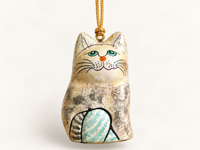 Hand-Painted Papier Mache Cream Cat with Teal Eyes – Hanging Ornament