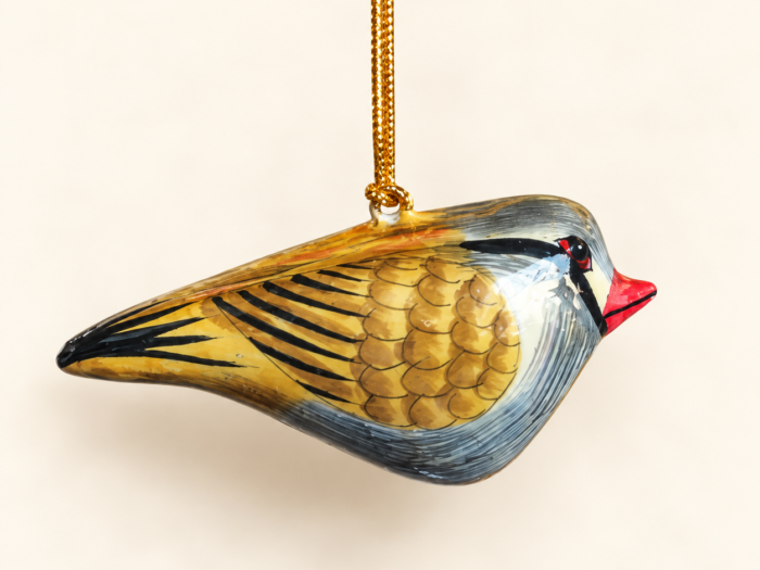 Hand-Painted Papier Mache Grey & Gold Bird – Hanging Ornament