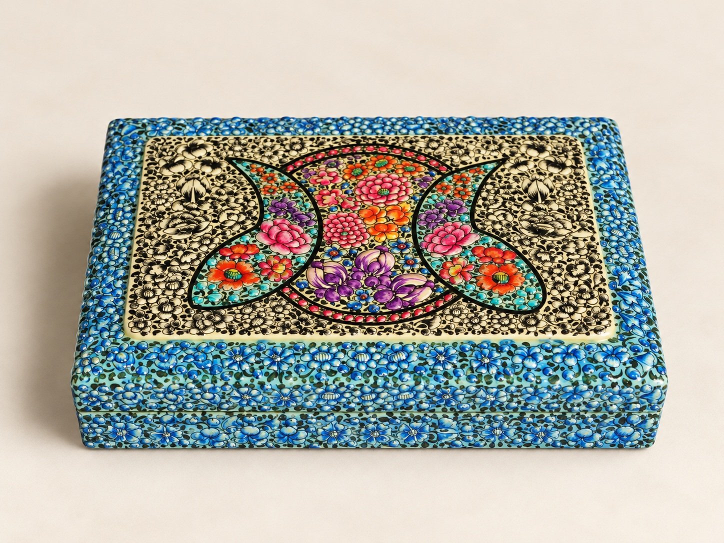 Blue floral paper mache trinket box from Kashmir, side view