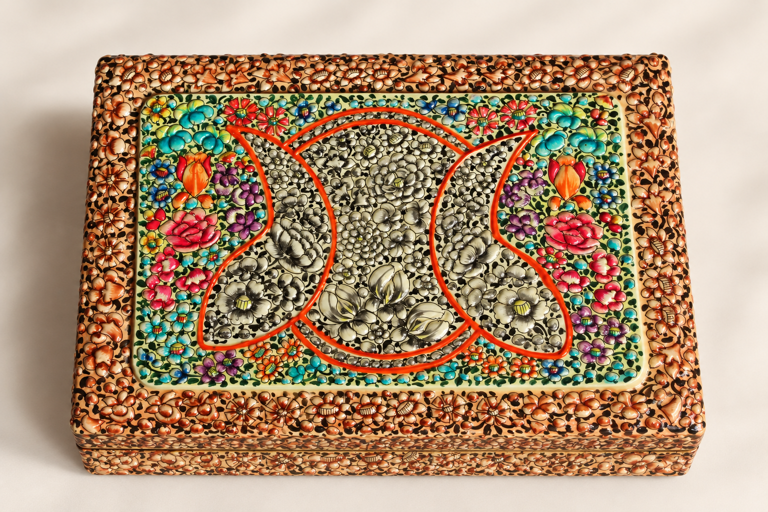 Orange floral hand-painted paper mache keepsake box from Kashmir, top view