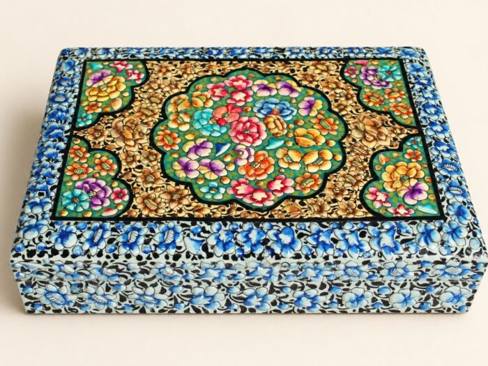 Blue and gold medallion hand-painted paper mache box from Kashmir