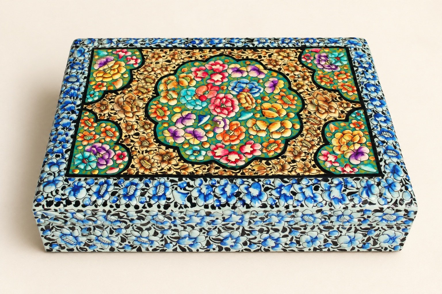 Blue and gold medallion hand-painted paper mache box from Kashmir