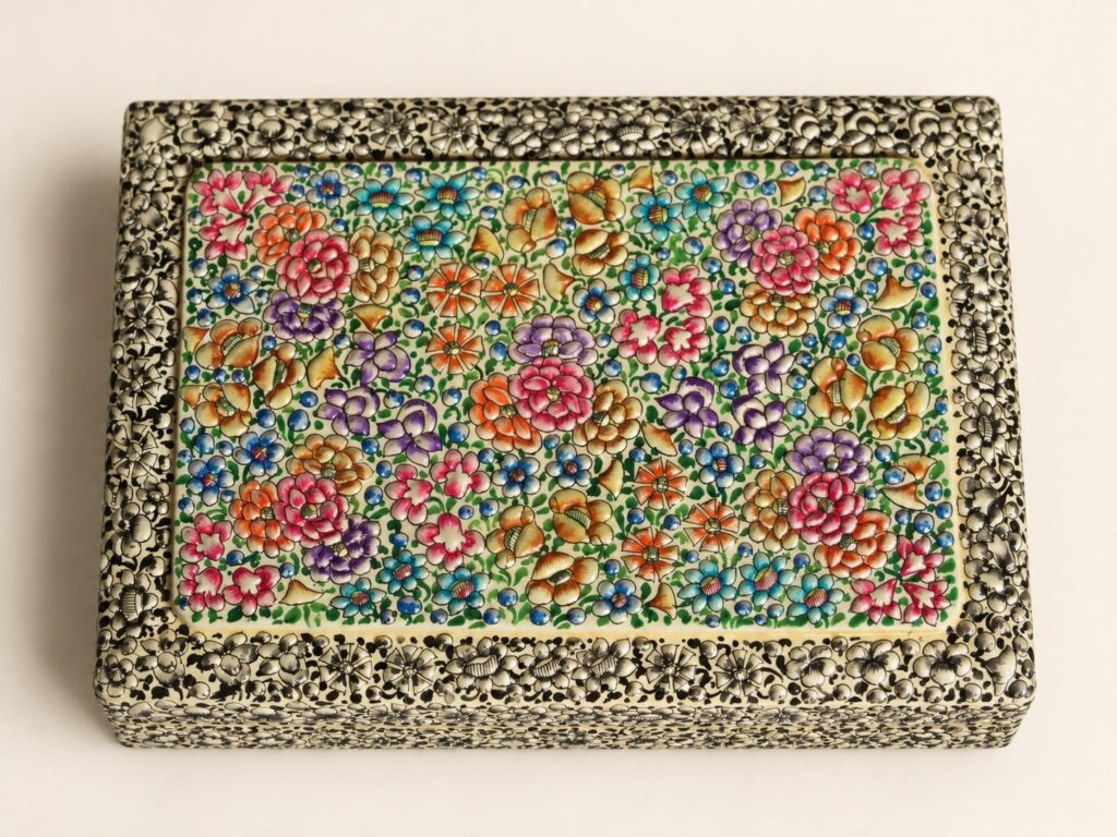 Green floral paper mache box – green floral hand-painted paper mache box from Kashmir, top view