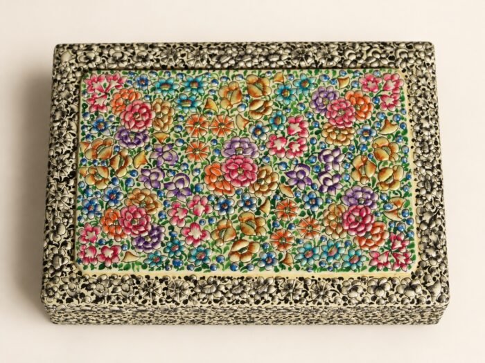 Green floral hand-painted paper mache box from Kashmir, top view