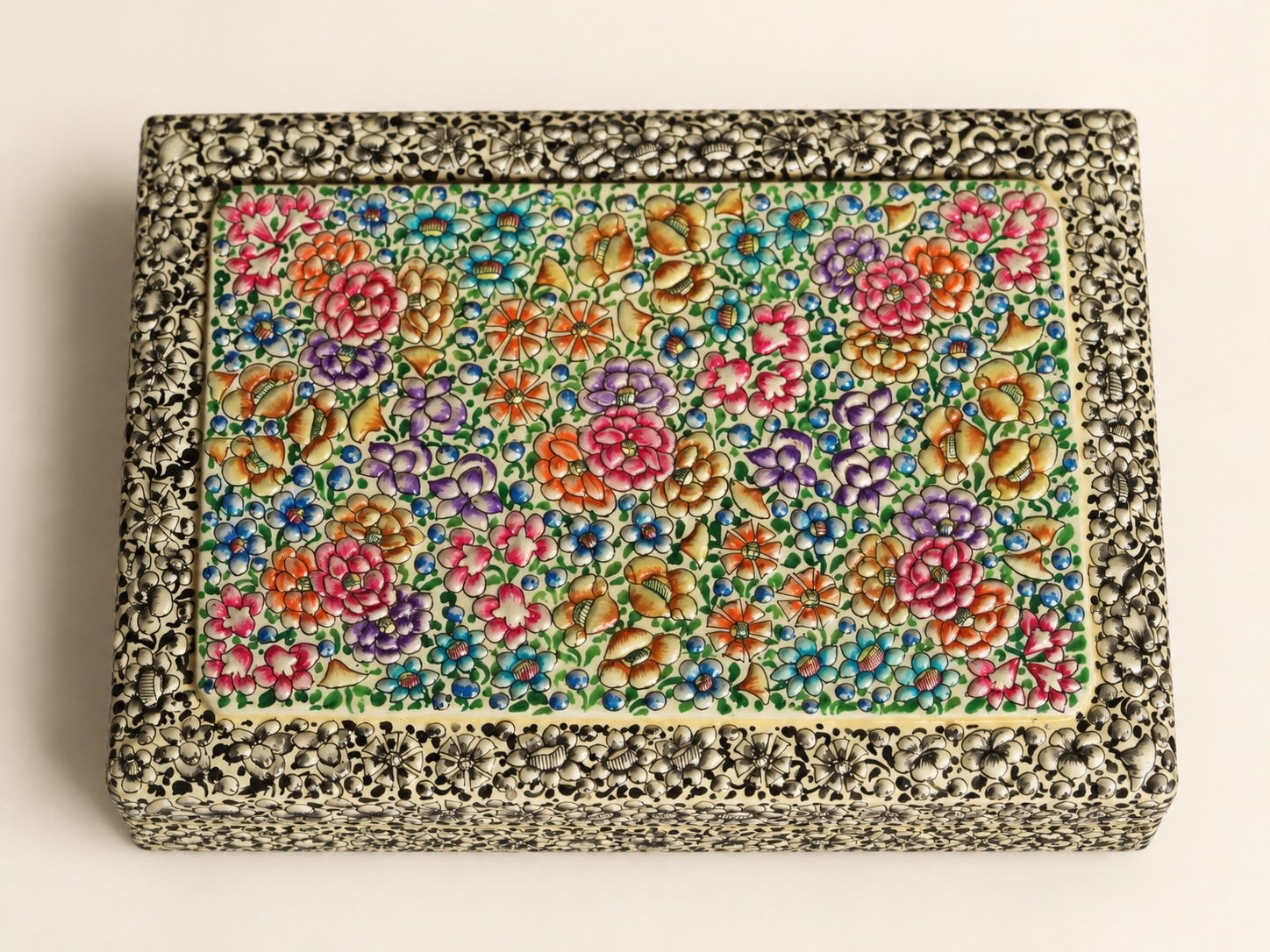 Green floral hand-painted paper mache box from Kashmir, top view