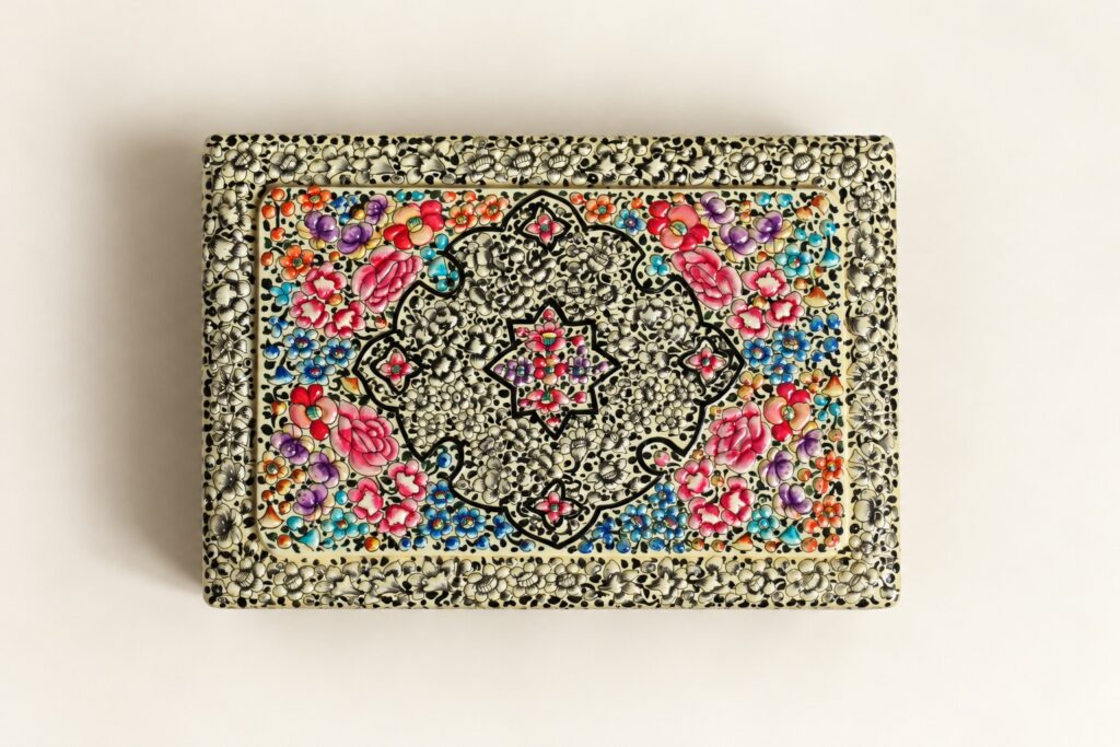 Pink floral paper mache box – pink floral hand-painted paper mache box from Kashmir, top view