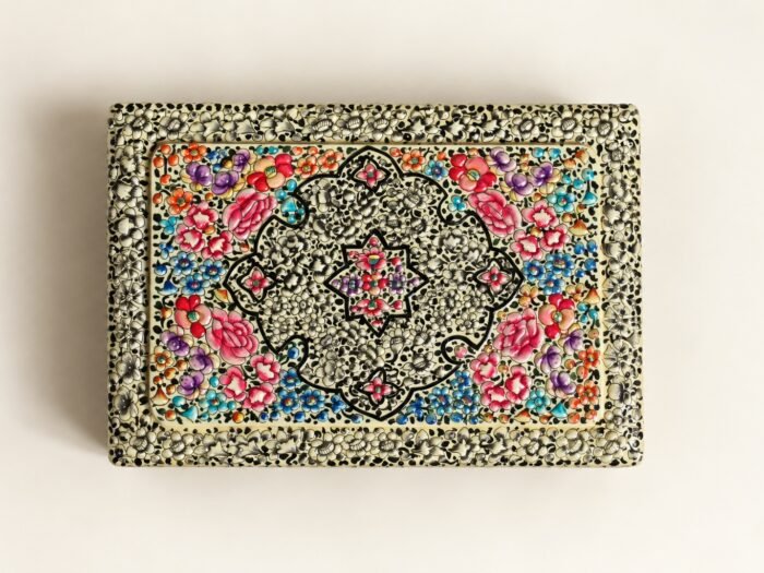 Pink floral hand-painted paper mache box from Kashmir, top view