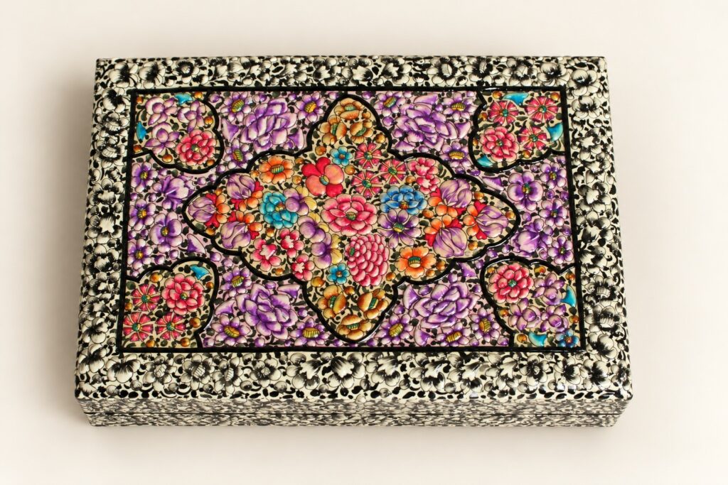 Purple floral paper mache box – purple floral hand-painted paper mache box from Kashmir, top view