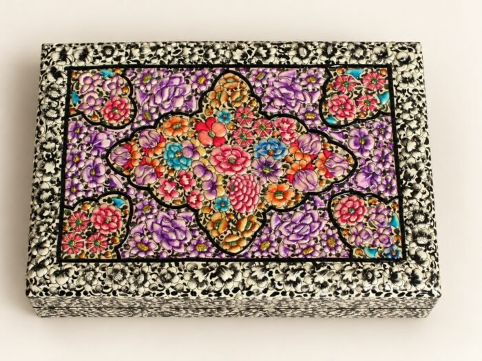 Purple floral hand-painted paper mache box from Kashmir, top view