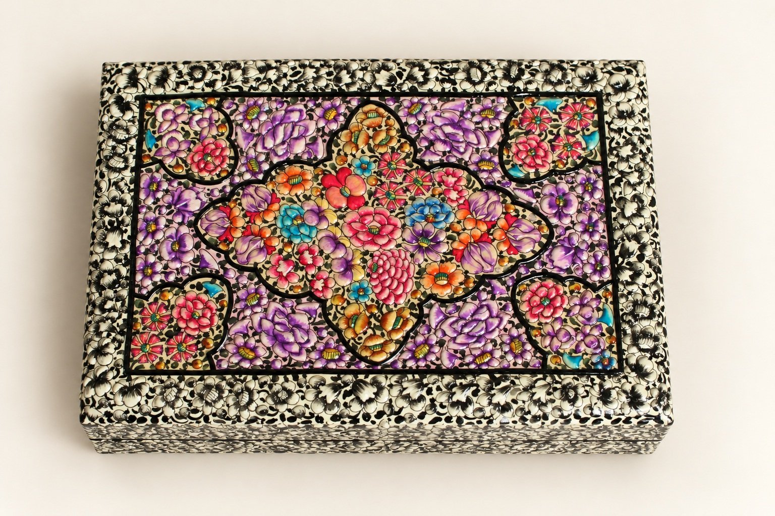 Purple floral hand-painted paper mache box from Kashmir, top view