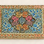 Blue medallion hand-painted paper mache jewelry box from Kashmir, top view