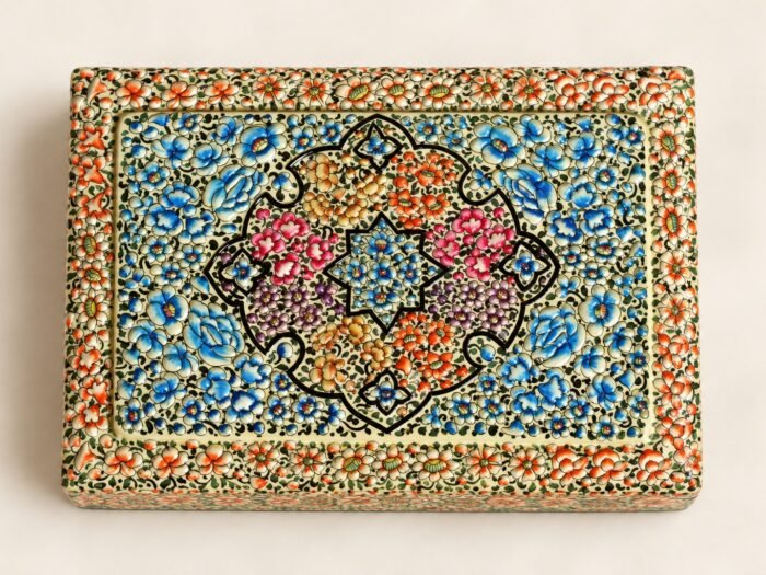 Blue medallion hand-painted paper mache jewelry box from Kashmir, top view