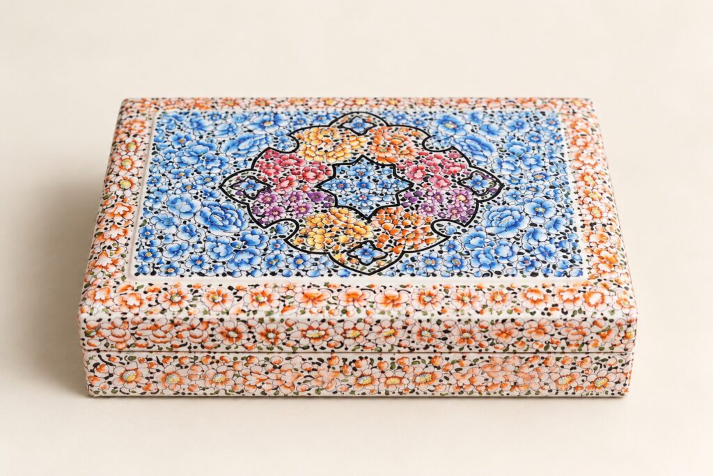 Blue peach paper mache jewelry box – blue and peach hand-painted paper mache jewelry box from Kashmir, front view