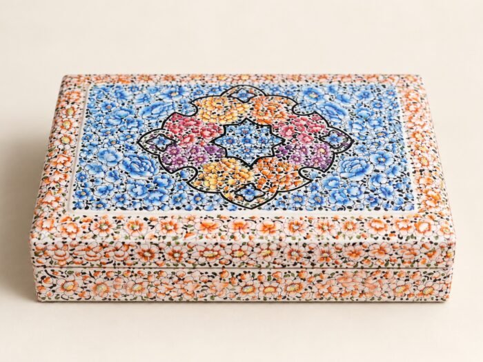 Blue and peach hand-painted paper mache jewelry box from Kashmir, front view