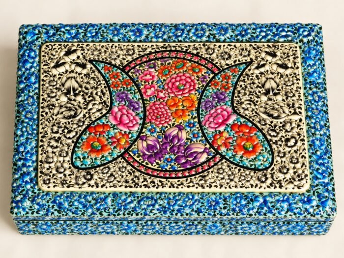 Blue floral hand-painted paper mache trinket box from Kashmir, top view