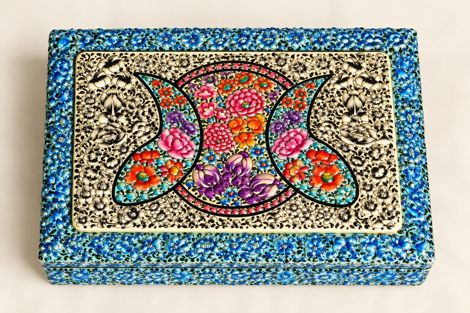Blue floral hand-painted paper mache trinket box from Kashmir, top view