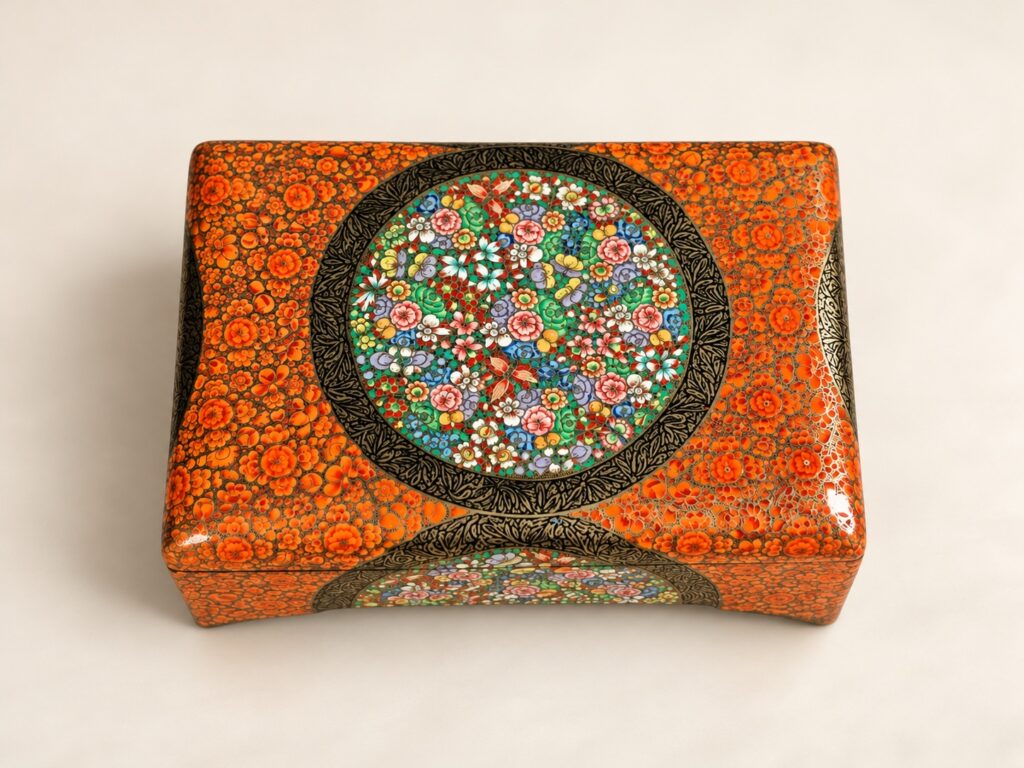Hazara design orange floral hand-painted wooden jewelry box with lock from Kashmir, top view
