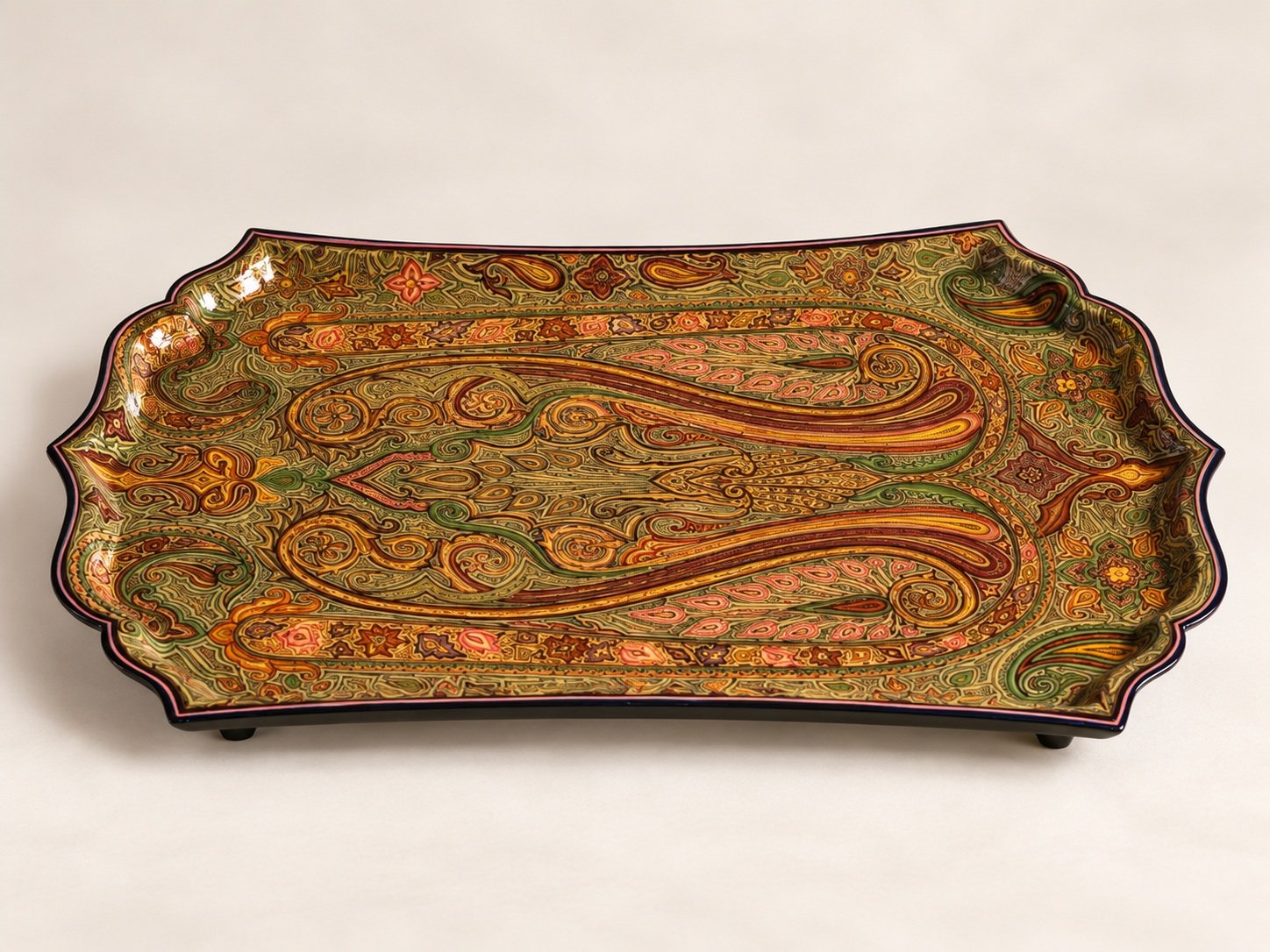 Hand-painted Kashmiri papier mache tray with olive green and gold paisley design with maroon accents