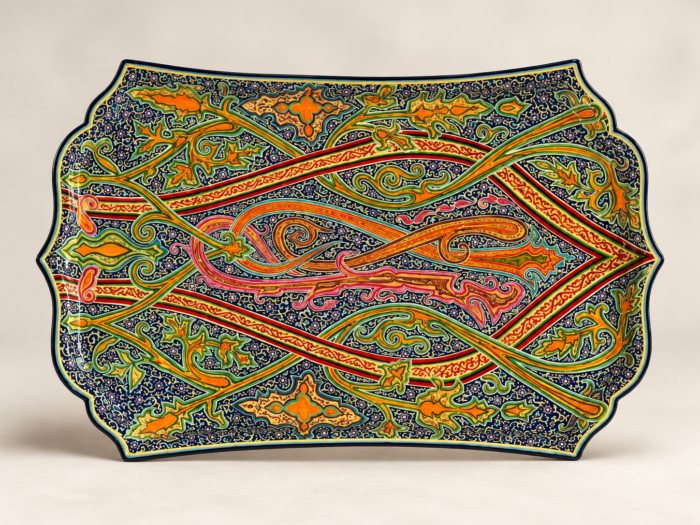 Hand-painted Kashmiri papier mache tray with paisley almond design in orange, green and pink on navy blue