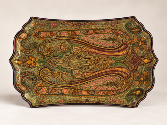 Hand-painted Kashmiri papier mache tray with olive green and gold paisley design with maroon accents