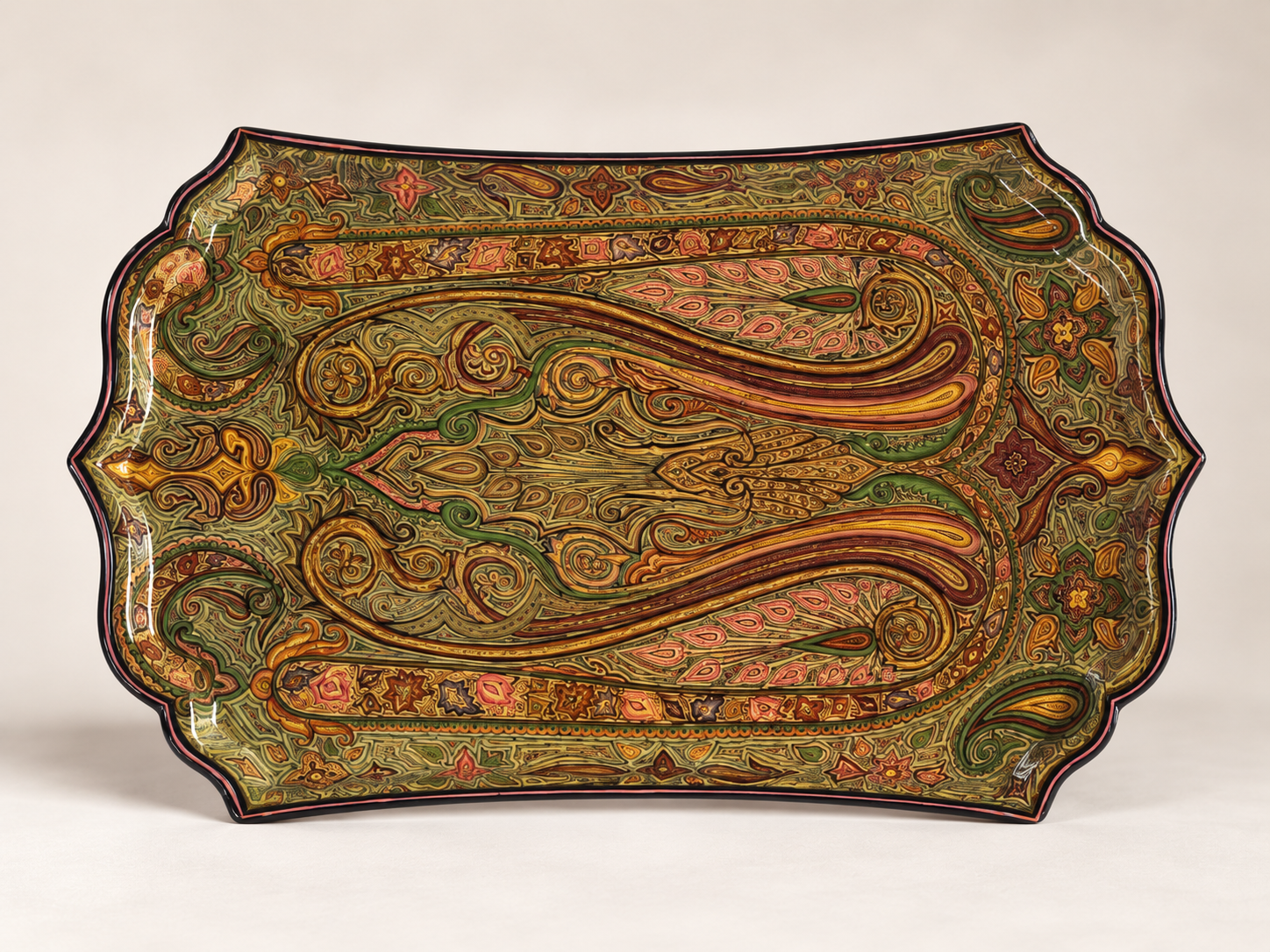 Hand-painted Kashmiri papier mache tray with olive green and gold paisley design with maroon accents