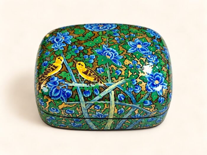 Closed blue blossom papier mache box hand-painted with yellow birds among blue flowers and green leaves, small Kashmiri jewelry box