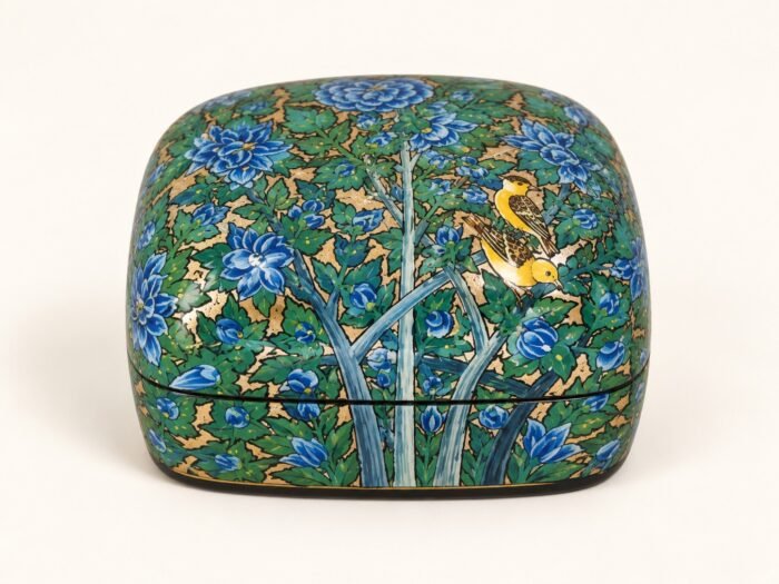 Closed blue garden papier mache box hand-painted with golden finches among blue flowers and green leaves, small Kashmiri jewelry box