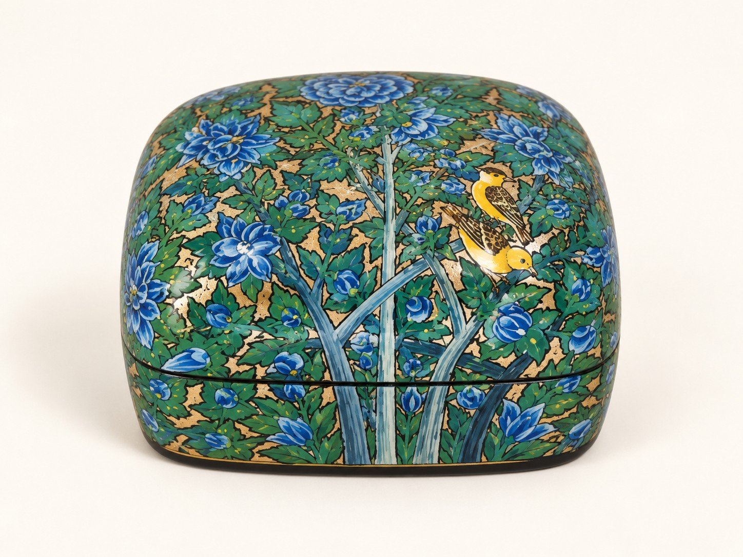 Closed blue garden papier mache box hand-painted with golden finches among blue flowers and green leaves, small Kashmiri jewelry box