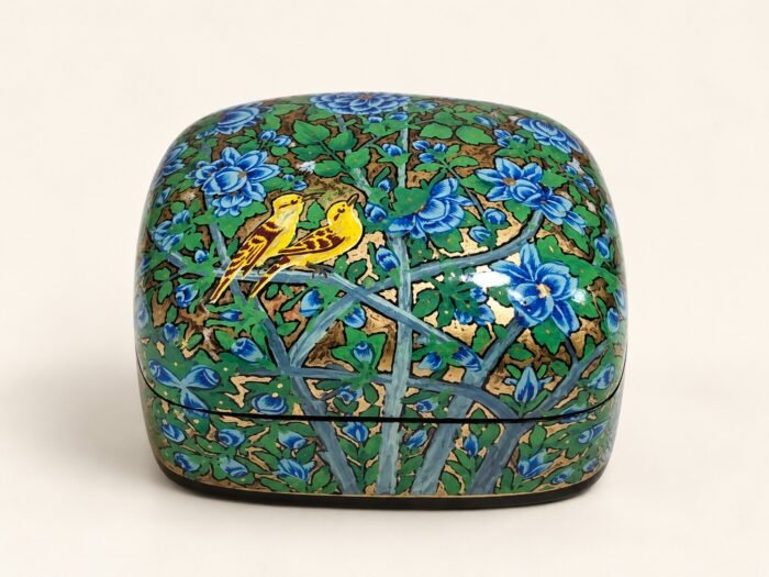 Closed blue garden papier mache box hand-painted with yellow songbirds among blue flowers and green leaves, small Kashmiri jewelry box