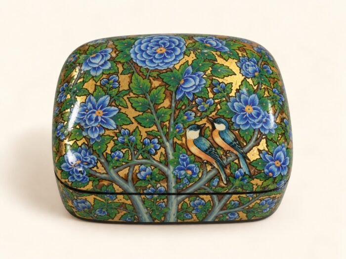 Blue peony papier mache box hand-painted with golden birds among blue flowers and green leaves on gold, small Kashmiri jewelry box