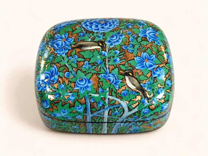 Closed blue peony papier mache box hand-painted with two perched birds among blue flowers on green and gold, small Kashmiri jewelry box