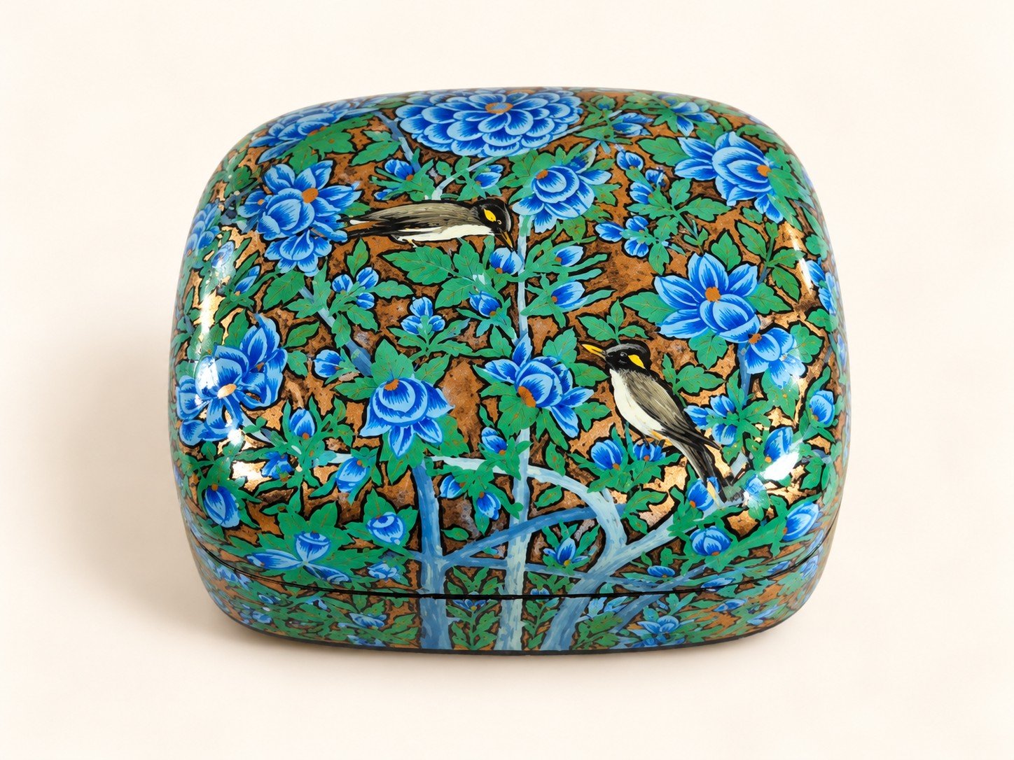 Closed blue peony papier mache box hand-painted with two perched birds among blue flowers on green and gold, small Kashmiri jewelry box