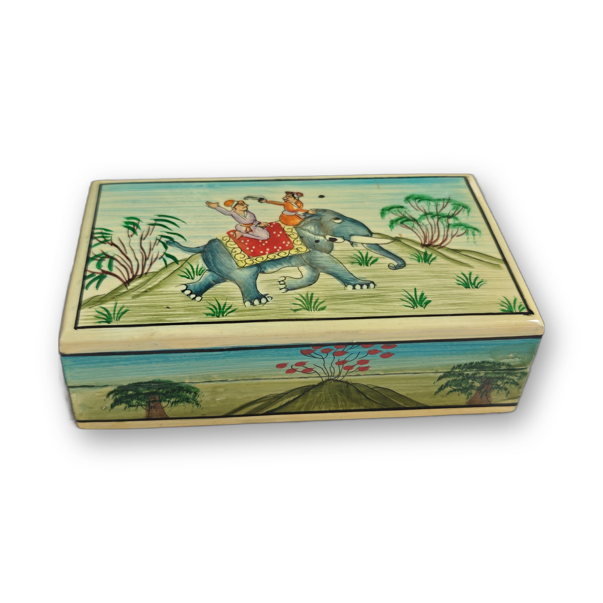 Mughal Art elephant scene wooden papier mache box, hand-painted miniature, 5 x 3 x 1.8 in
