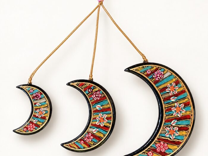 Hand-Painted Papier Mache Crescent Moon Set of 3 – Multicolour