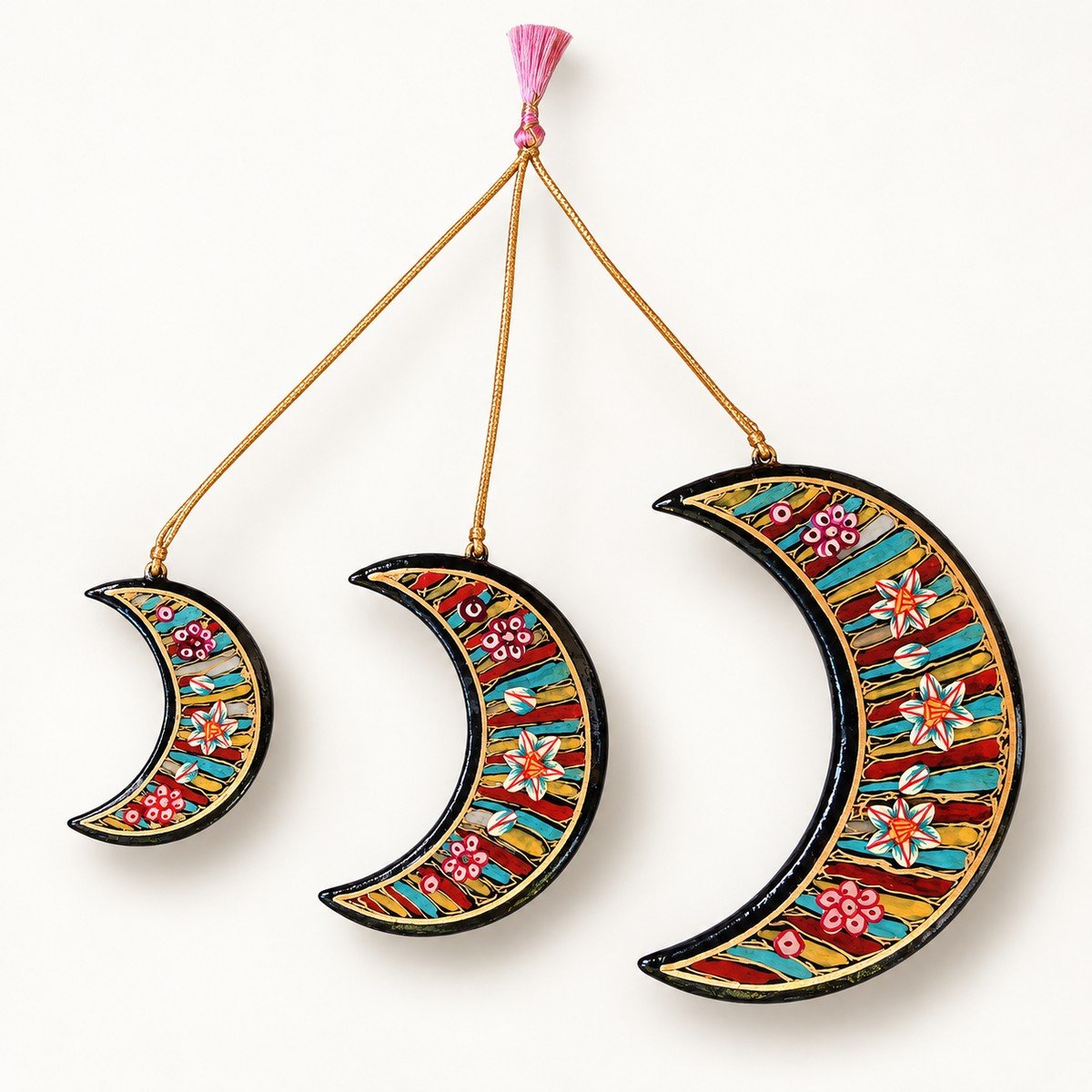 Hand-Painted Papier Mache Crescent Moon Set of 3 – Multicolour