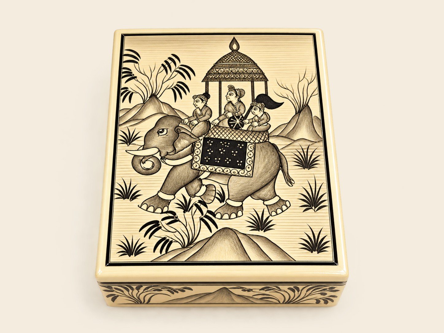 Kashmiri papier-mâché box with painted elephant and howdah – handmade by Kashmiri artisans