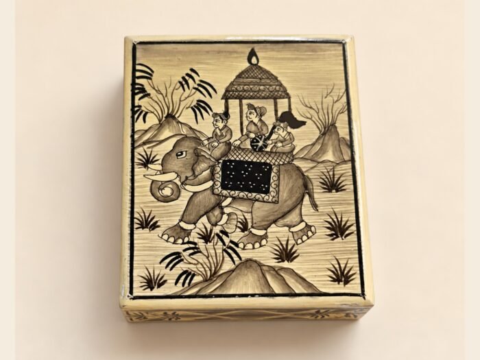 Mughal miniature elephant papier-mâché box Kashmir – handmade by Kashmiri artisans
